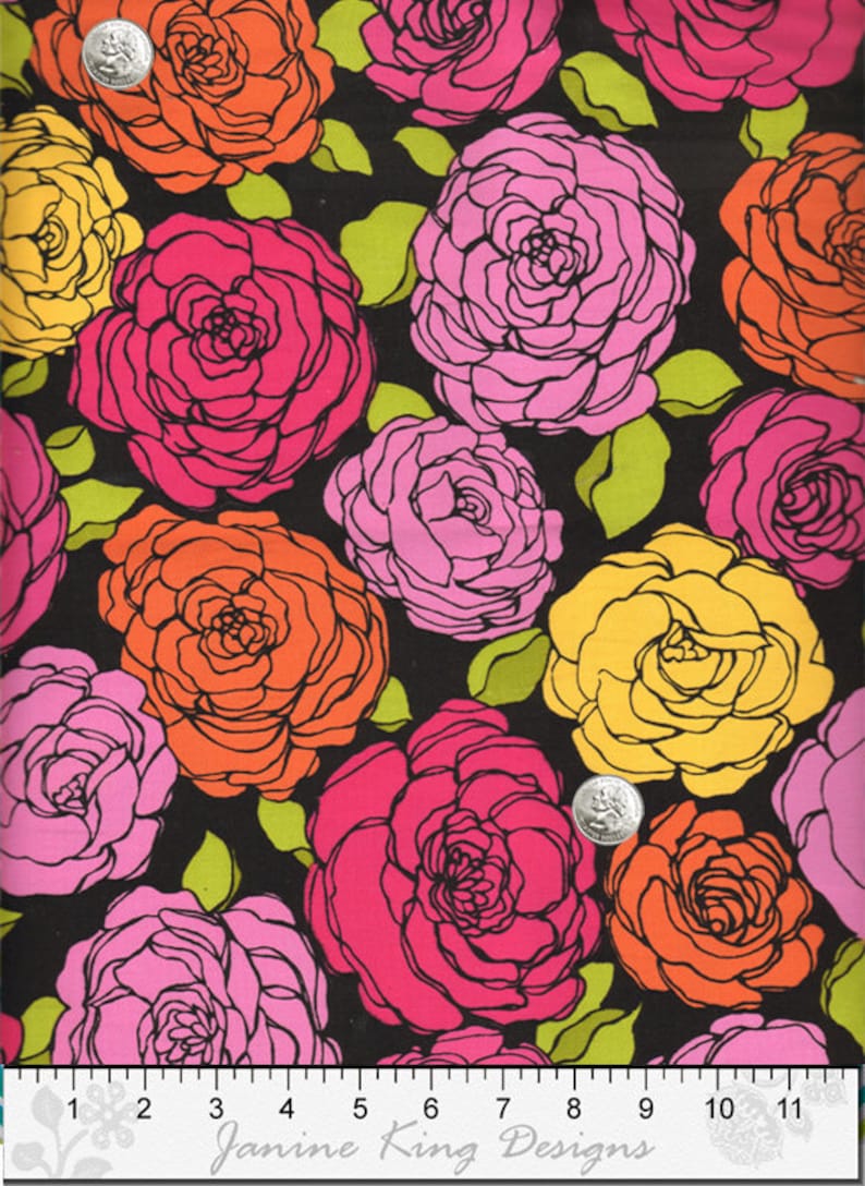 May include: Black fabric with a repeating pattern of large, colorful, outlined roses in pink, orange, yellow, and red. The roses are on a black background with green leaves.
