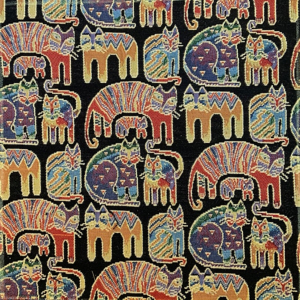 Rare Laurel Burch Story Weavings Tapestry Fabric by the Yard  Rainbow Cats with Metallic Gold