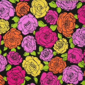 May include: A black background with a repeating pattern of pink, orange, and yellow flowers. The flowers are outlined in black and have a stylized design.