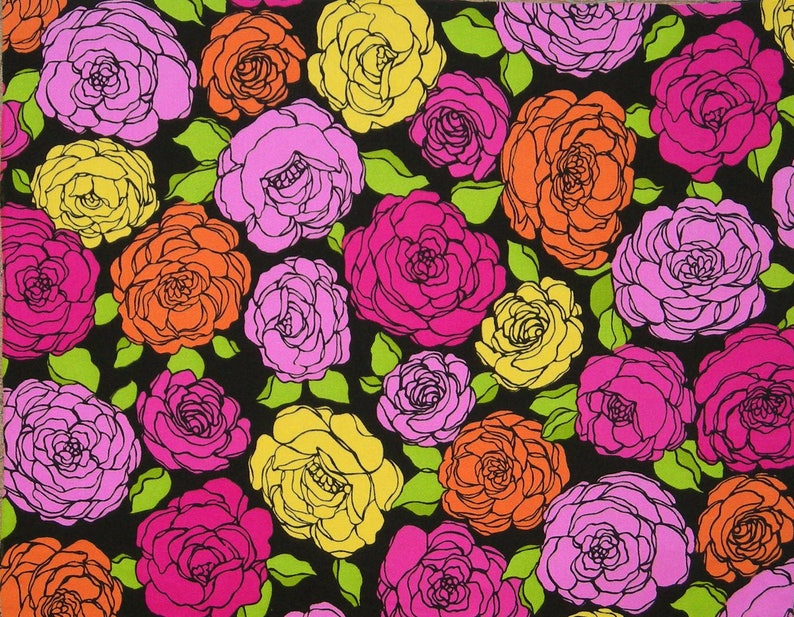 May include: A black background with a repeating pattern of pink, orange, and yellow flowers. The flowers are outlined in black and have a stylized design.