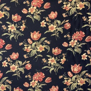 Vintage Cottage Core Curtain Fabric Black Floral Drapery Fabric Cottagecore Upholstery Fabric by the yard tulips daffodils red green beige