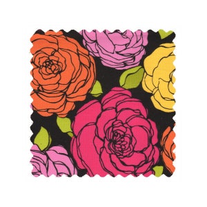 May include: A black fabric with a floral pattern featuring pink, orange, and yellow roses. The roses are outlined in black and have a stylized design.