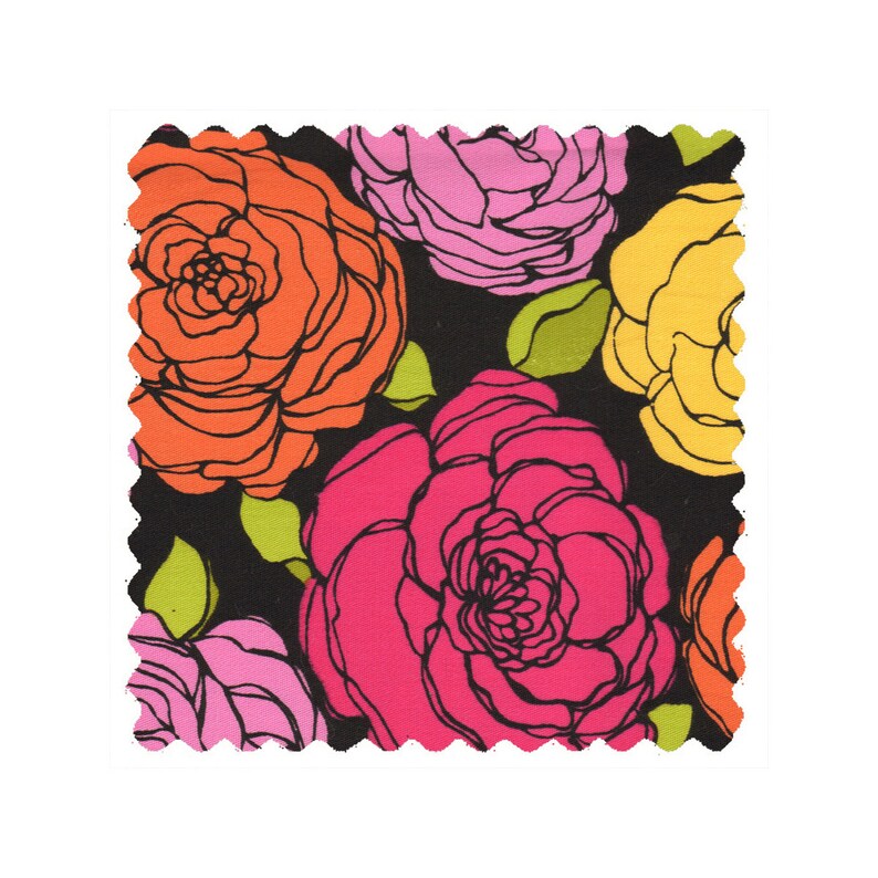 May include: A black fabric with a floral pattern featuring pink, orange, and yellow roses. The roses are outlined in black and have a stylized design.