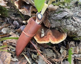 Coltello finlandese per la raccolta di funghi / Manico in legno di zebrano, fodero in pelle