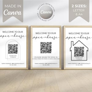 Puede incluir: Tres carteles de casa abierta imprimibles en blanco y negro con un código QR y el texto "Bienvenido a nuestra casa abierta" y "Escanea para registrarte".