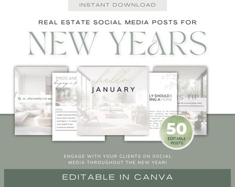 New Year Realtor Social Media Templates: 50 Editable Posts (Digital Download)