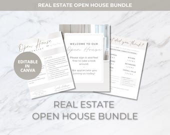 Könnte beinhalten: Ein druckbares Immobilien-Open-House-Paket mit drei editierbaren Vorlagen. Die Vorlagen sind im minimalistischen Stil mit weißem Hintergrund und grauem Text gestaltet. Die erste Vorlage ist eine Checkliste für ein Open House, die zweite Vorlage ist ein Willkommenszeichen für ein Open House und die dritte Vorlage ist ein Feedback-Formular für ein Open House.
