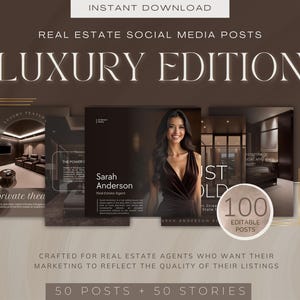 May include: A digital marketing kit for real estate agents featuring 100 editable social media posts and 50 stories. The kit is designed to help agents showcase luxury listings and create a professional brand.