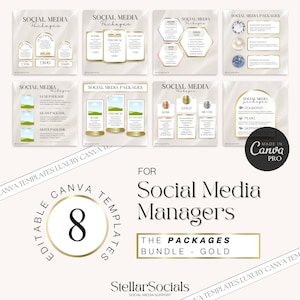 Gold Social Media Manager Packages Instagram Templates | Social Media Manager editable bundle | Social Media Agency | Canva templates