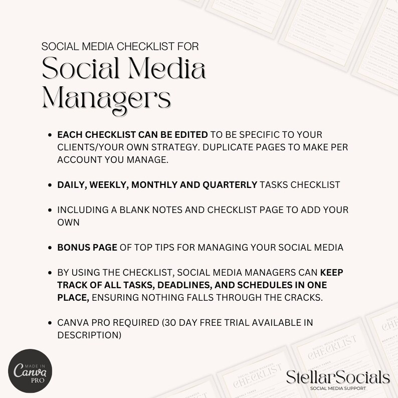 Editable Social Media Manager Checklist | Printable Checklist | Daily ...