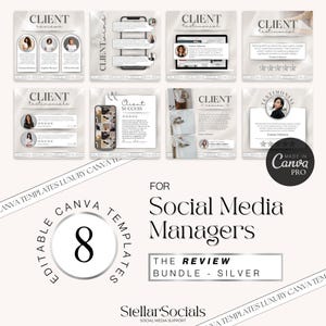 8 Silber Testimonial Social Media Leiter Instagram Posts | Kunden-Rezension Flyer | Bearbeitbar Bewertungen | Social-Media-Manager-Bundle | Canva SMM