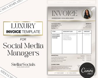 Pode incluir: Um modelo de fatura cinza e dourado para gerentes de mídia social. O modelo inclui seções para item, descrição, quantidade e valor. Também inclui uma seção para detalhes bancários e termos de pagamento. O modelo foi projetado para ser usado por agências ou empresas de mídia social.