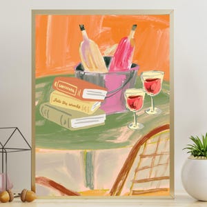 Wine wall art print, Wine Wall decor, Bar Cart print, Wine painting, Maximalist Wall Art, Cozy Art Print, Cozy reading nook wall art Bookish