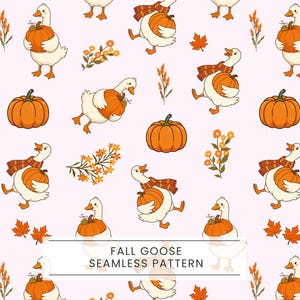 Fall Goose Seamless Pattern, Pumpkin Digital Paper, Cozy Autumn Pattern, Cottagecore Png, Thanksgiving Craft Background, Fall flowers