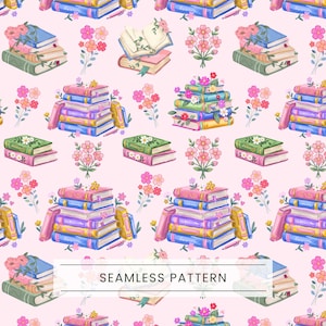 Puede incluir: Un patrón continuo sobre un fondo rosa claro con ilustraciones repetidas de pilas de libros de varios colores, libros abiertos y pequeños ramos de flores rosas y naranjas. El texto SEAMLESS PATTERN está centrado en color blanco.