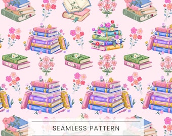 Nahtloses Muster für Bücherliebhaber, Bücherstapel mit Wildblumen, Deko für Bücherfreunde, Cottagecore-Stil mit Blumen, Scrapbook-Papier für Lesetagebücher, Mädchenhaft, Buchclub