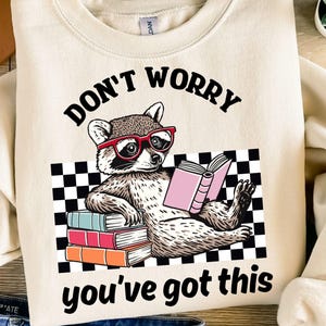 Puede incluir: Sudadera color crema con un gráfico de un mapache con gafas rojas leyendo un libro. El texto "DON'T WORRY you've got this" está impreso encima y debajo de la ilustración del mapache. El mapache está sentado sobre una pila de libros.