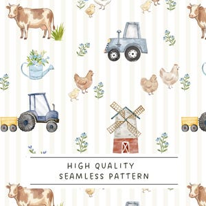 Puede incluir: Patrón sin costuras de acuarela con animales de granja, incluyendo vacas, gallinas y tractores, con un molino de viento y una regadera. El diseño incluye flores azules y el texto "HIGH QUALITY SEAMLESS PATTERN" sobre un fondo a rayas.