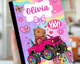 Personalisierter Notizbuchumschlag, Individuelle Schulartikel, Niedliches Wasserschwein, Kawaii-Tier, Schulanfang, Monster-Truck-Mädchen, Rennsport