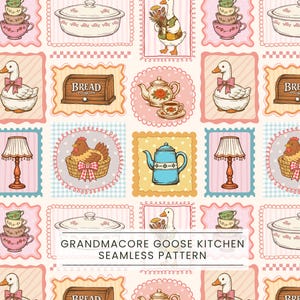Grandmacore Goose Seamless Pattern, Vintage Farmhouse Kitchen Digital Paper, Thrifted Grandma Aesthetic, Cottagecore Fabric, Cozy kitchen