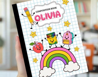 Personalisierter Notizbuchumschlag, Schulmaterial-Motive, Individuelles Notizbuch, Schulanfang, Kawaii-Figuren, Kinderumschlag, Junge/Mädchen
