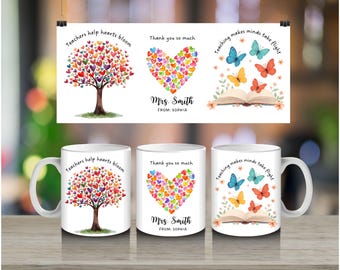 May include: White ceramic mugs with teacher-themed designs. One mug features a tree with heart-shaped leaves, another a heart made of hearts, and the third has butterflies and an open book. The text includes "Teachers help hearts bloom," "Thank you so much," and "Teaching makes minds take flight."