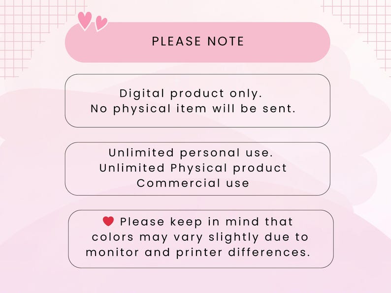 May include: A pink and white digital product notice with text. The text includes: "Digital product only. No physical item will be sent." and "Unlimited personal use. Unlimited Physical product Commercial use."