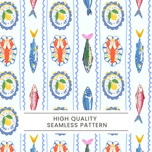 Könnte beinhalten: Nahtloses Muster mit Illustrationen von Fischen, Hummern und Zitronen auf Tellern, vor einem weißen Hintergrund mit blauen Wellenlinien. Die Fische haben rosa, gelbe und grüne Schwänze. Der Text "HIGH QUALITY SEAMLESS PATTERN" steht unten.