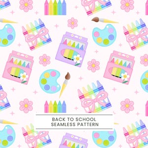Puede incluir: Un patrón sin costuras con ilustraciones escolares sobre un fondo rosa claro. El diseño incluye cajas de crayones arcoíris, paletas de pintura, pinceles y flores. El texto "BACK TO SCHOOL SEAMLESS PATTERN" está en la parte inferior.