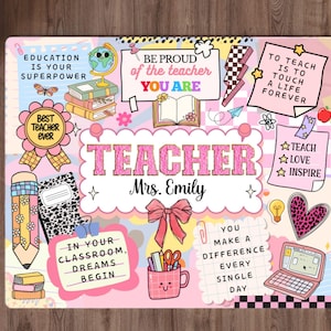 May include: A personalised teacher's desk mat with a pink and pastel design. The mat features the word "TEACHER" in large pink letters, the name "Mrs. Emily", and various school-themed graphics and inspirational quotes. The mat is rectangular.