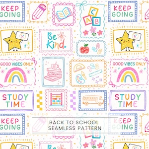 Puede incluir: Un patrón continuo con coloridas ilustraciones dibujadas a mano de material escolar, incluyendo lápices, libros, un ábaco, un autobús escolar y estrellas con carteles de A+. El texto incluye KEEP GOING, BE KIND, GOOD VIBES ONLY y STUDY TIME.