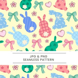 Puede incluir: Patrón sin costuras con elementos temáticos de Pascua. El diseño incluye siluetas de conejos en rosa, azul y verde, junto con lazos rosas, corazones y flores sobre un fondo amarillo. También está presente el texto "JPG & PNG SEAMLESS PATTERN".