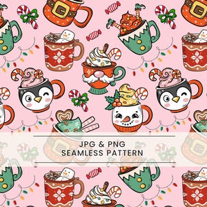 Puede incluir: Patrón sin costuras con tazas de dibujos animados con varios temas navideños, incluyendo un muñeco de nieve, un pingüino y Papá Noel. Las tazas están llenas de crema batida, bastones de caramelo y otras golosinas festivas. El fondo es de color rosa claro.