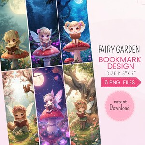 Puede incluir: Un diseño digital con seis marcapáginas caprichosos. Cada marcapáginas muestra un hada leyendo un libro, ambientada en un paisaje de fantasía con setas, árboles y lunas. Los marcapáginas miden 6,35 cm x 17,78 cm. El texto dice "FAIRY GARDEN BOOKMARK DESIGN".