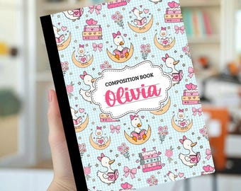 Personalisierter Notizbuchumschlag, süße Gans, individuelle Schulartikel, mädchenhaft-elegant, Schulanfang, für Bücherwürmer, lustige Gans, kokett
