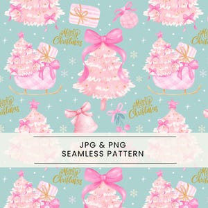 May include: Seamless pattern featuring pink Christmas trees, gifts, bells, and bows on a teal background. The words "Merry Christmas" are in gold script. The image includes the text "JPG & PNG SEAMLESS PATTERN".