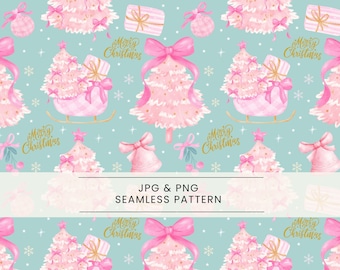 May include: Seamless pattern featuring pink Christmas trees, gifts, bells, and bows on a teal background. The words "Merry Christmas" are in gold script. The image includes the text "JPG & PNG SEAMLESS PATTERN".