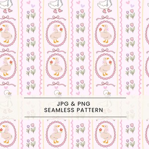 Puede incluir: Patrón sin costuras con gansos de dibujos animados en marcos ovalados rosas, con lazos rosas, tulipanes y corazones sobre un fondo rosa claro. Se muestra el texto "JPG & PNG SEAMLESS PATTERN".