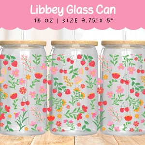 Cherry Floral Libbey Glass Wrap 16oz, Summer Wildflower Strawberry Pattern, Cute Spring Sublimation PNG, Aesthetic Flower Tumbler Design