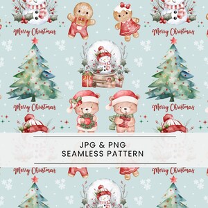 Puede incluir: Un patrón navideño sin costuras con ilustraciones en acuarela de hombrecitos de jengibre, muñecos de nieve, osos de peluche, árboles de Navidad y bolas de nieve sobre un fondo azul claro. Las palabras "Merry Christmas" están incluidas. El patrón está etiquetado como "JPG & PNG SEAMLESS PATTERN".