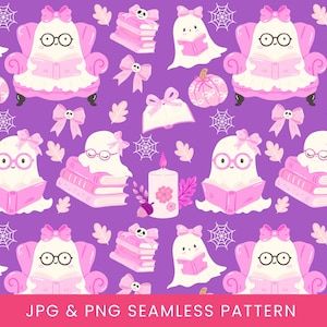 Puede incluir: Patrón sin costuras con personajes de fantasmas lindos con gafas, lazos y libros sobre un fondo púrpura. Incluye calabazas rosas, lazos, telarañas y pilas de libros. El texto "JPG & PNG SEAMLESS PATTERN" está en la parte inferior.
