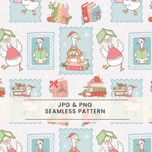 Puede incluir: Patrón sin costuras con gansos de dibujos animados con gorros de Papá Noel, leyendo libros. El diseño incluye pilas de libros, cajas de regalo y adornos navideños, todo en una paleta de colores pastel. También se incluye el texto "JPG & PNG SEAMLESS PATTERN".