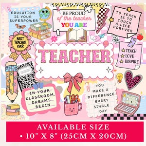 May include: A pink and white teacher-themed print featuring illustrations of a pencil, books, and a laptop. Text includes phrases such as "Best Teacher Ever" and "Education is Your Superpower." The available size is 25cm x 20cm.