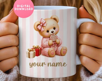 Girl mug personalized, Christmas mug wrap, Girl custom name, Baby bear gifts, Coquette girly, Daughter gifts,Digital mug, Sublimation Png