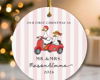 First Christmas Married Ornament PNG, Mr & Mrs Newlywed, Goose couple first Christmas, Personalized couple, Custom ornament, Newlywed gift