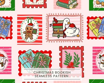 Christmas bookish seamless pattern, Book lover digital, Christmas reading, Vintage Christmas Fabric Design, Christmas Collage Images