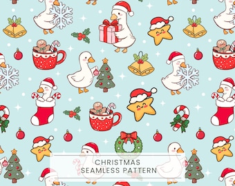Christmas Goose Seamless Pattern, Silly Goose Santa, Kawaii pattern, Kids seamless, Xmas digital paper, Festive goose, Cute backgrounds