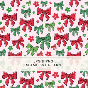 Puede incluir: Patrón sin costuras con lazos rojos y verdes, pequeñas flores rojas y verdes, y el texto "JPG & PNG SEAMLESS PATTERN" sobre un fondo rosa claro. Los lazos tienen un contorno blanco.