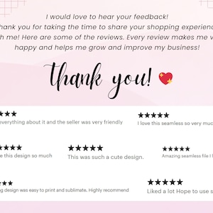 May include: A pink and white graphic with the words "Thank you!" in elegant script, alongside customer reviews. The reviews feature five-star ratings and positive comments about the product and seller.