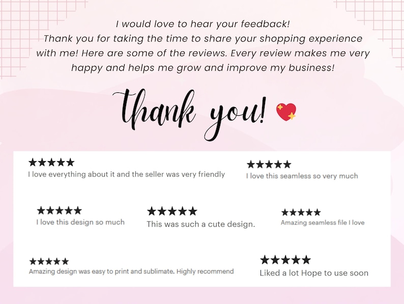 May include: A pink and white graphic with the words "Thank you!" in elegant script, alongside customer reviews. The reviews feature five-star ratings and positive comments about the product and seller.